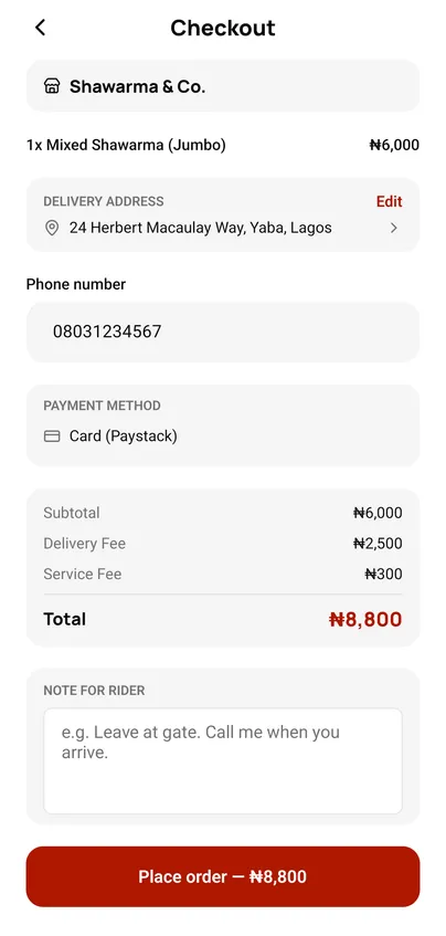 Checkout showing subtotal, delivery and service fees, and the total before paying