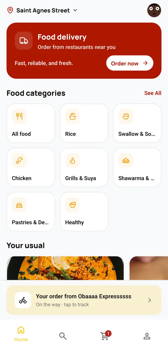 The Plate Pilot home screen: food categories, your usual orders, and a banner for an order that is on the way