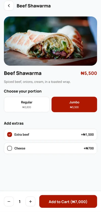 A beef shawarma with Jumbo portion and extra beef selected, ₦7,000 total