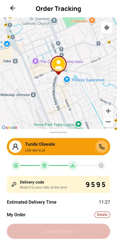 Live tracking with the rider on the map and a delivery code